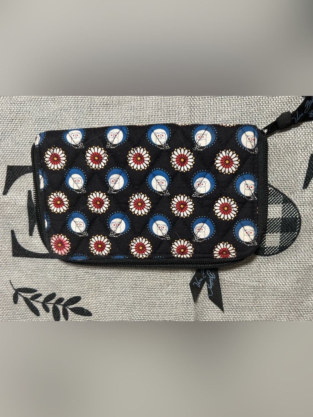 Vera Bradley Black Retired Night Owl & Daisy Quilted Wallet - Blue, Red, White